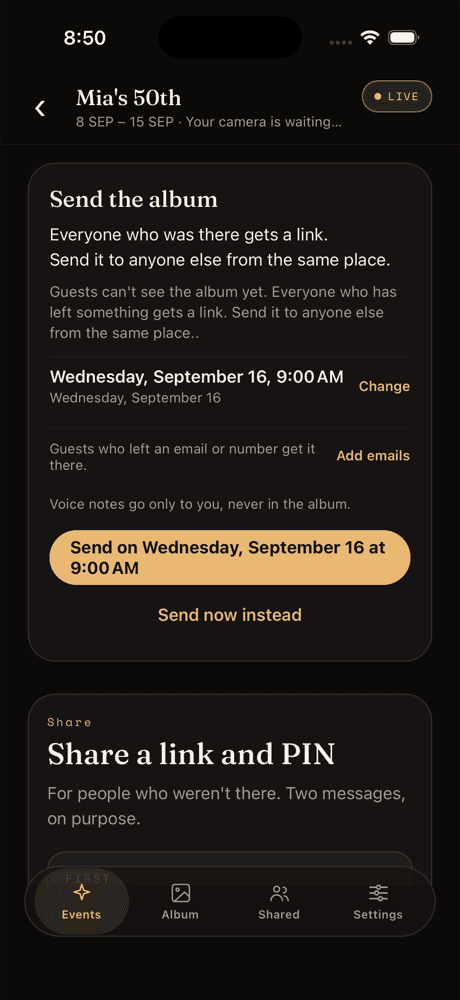 The Gooya app's share screen: Send the album, then Share a link and PIN, two messages on purpose