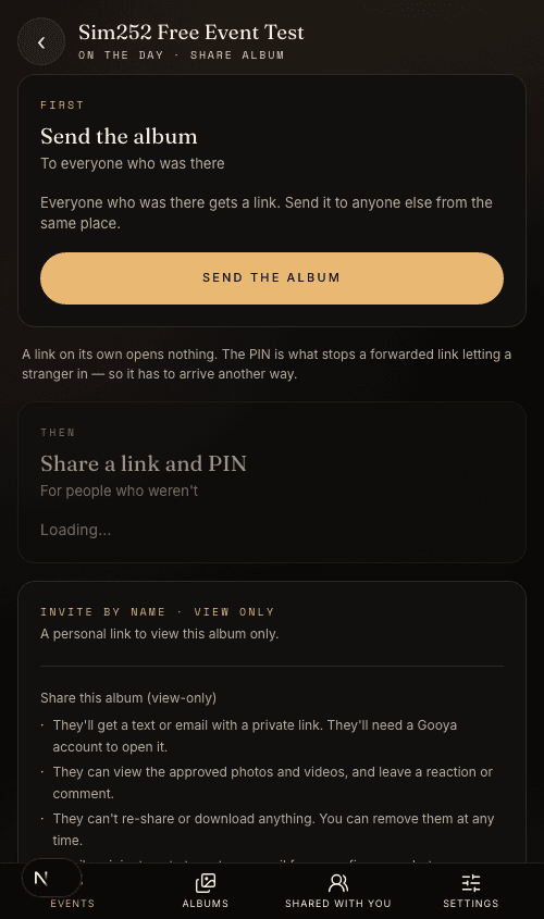 The same share screen on the web dashboard, with a view-only invite by name below it