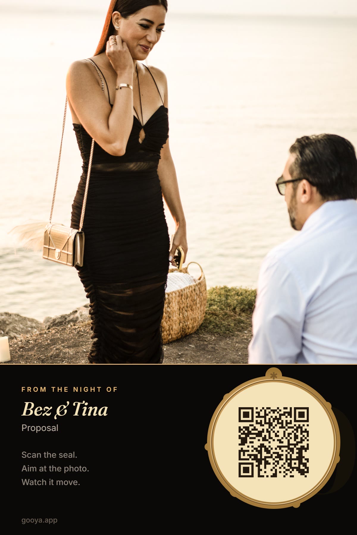 A Gooya AR photo card — a printed proposal photo with a gold wax-seal QR code